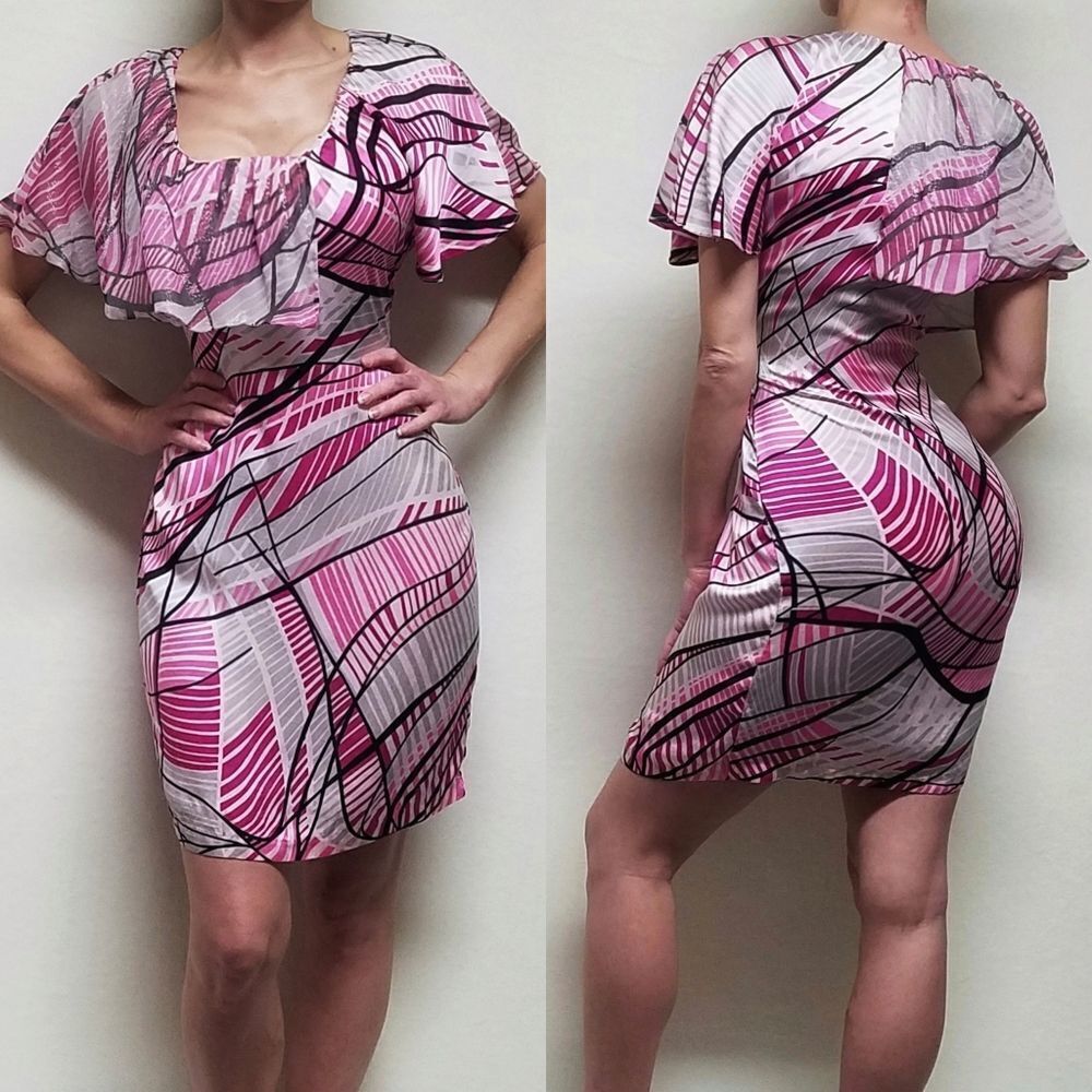 POLECI Pink Abstract 100% Silk Butterfly Sleeve Asymmetric Capelet Shift Dress